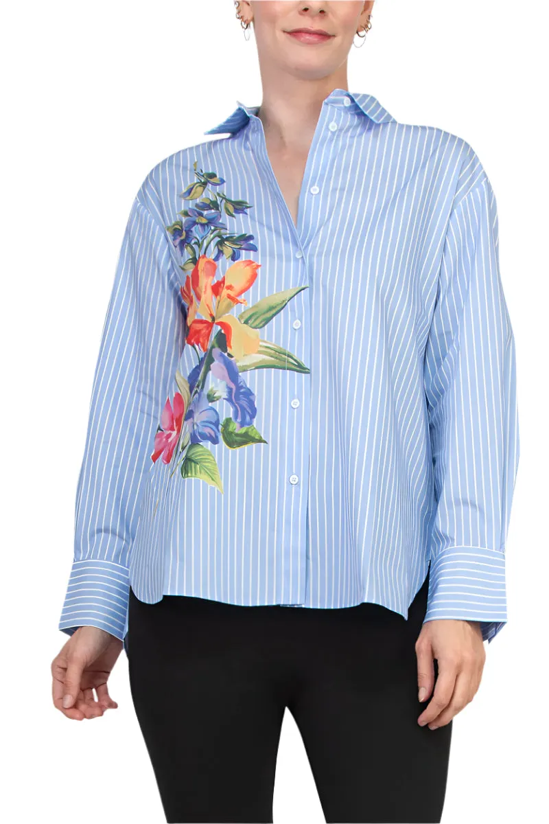 Industry Spread Collar Long Sleeves Striped Floral Detail Button Down Shirt