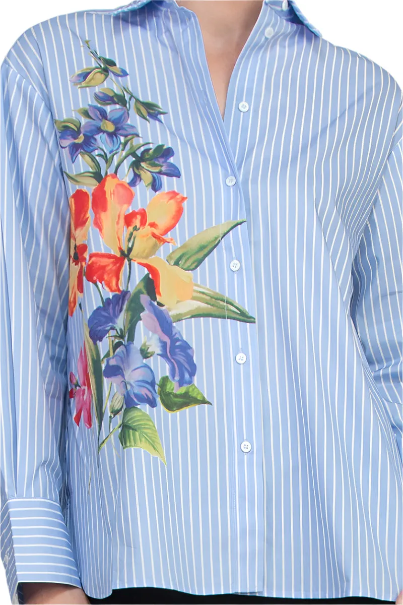 Industry Spread Collar Long Sleeves Striped Floral Detail Button Down Shirt