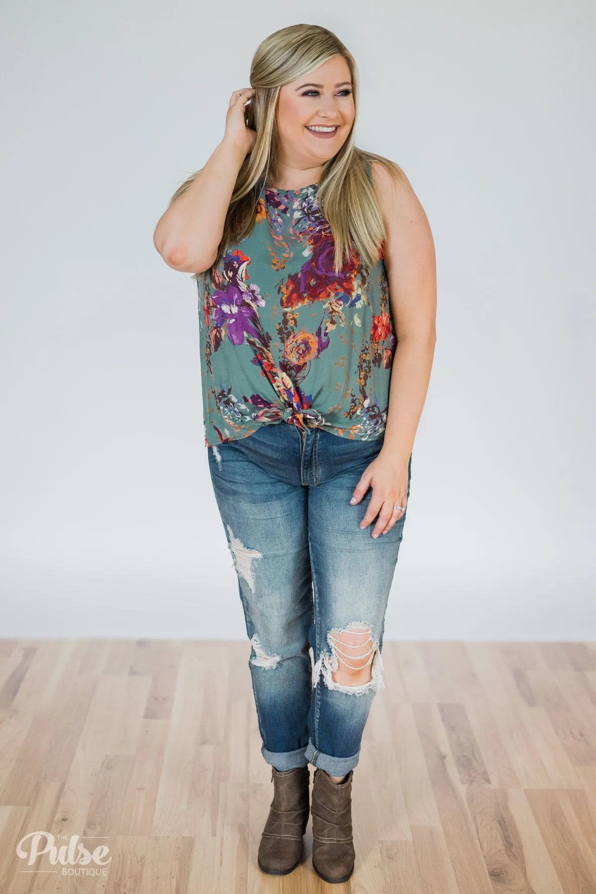 Island in the Stream Floral Tank Top- Dark Teal