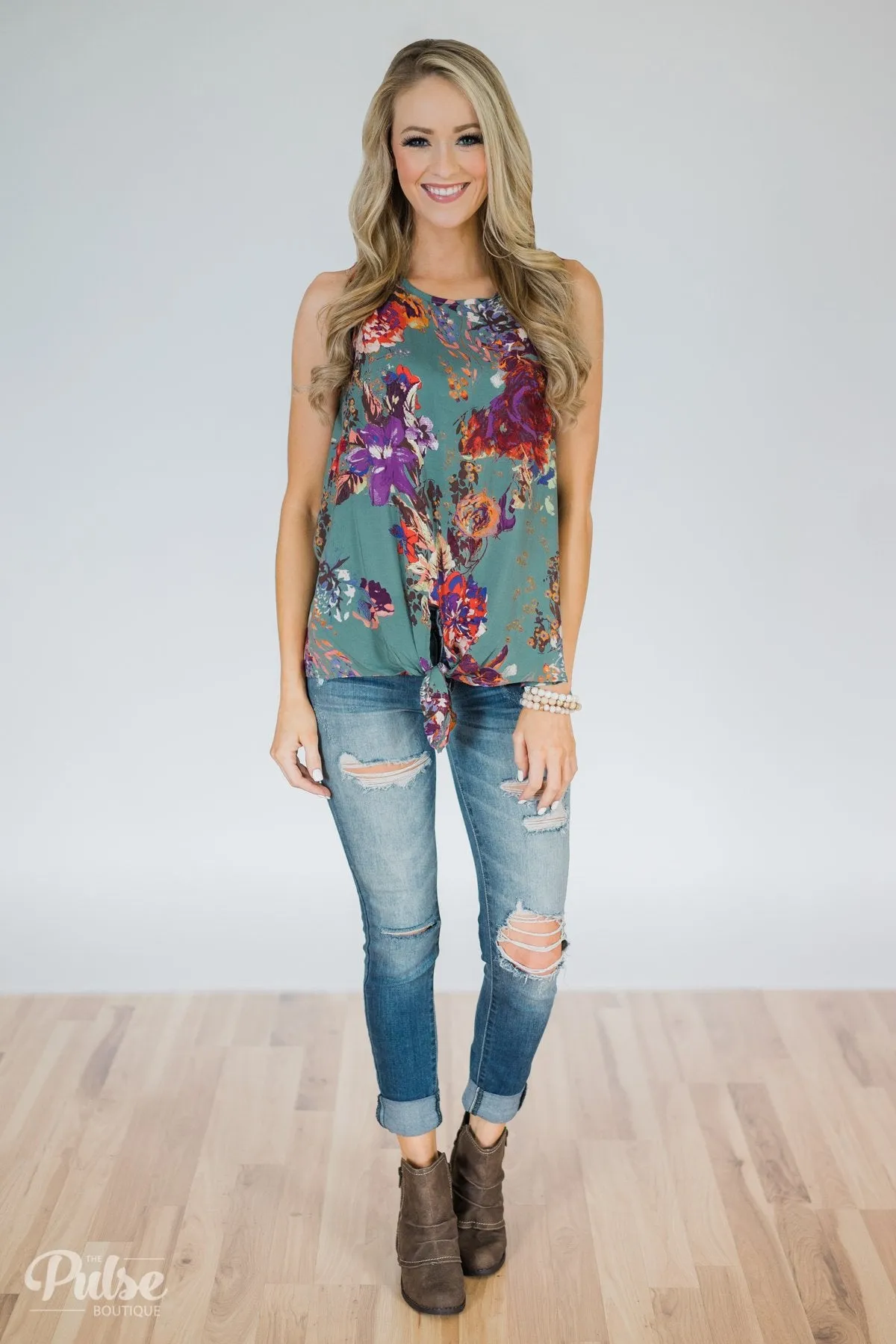 Island in the Stream Floral Tank Top- Dark Teal