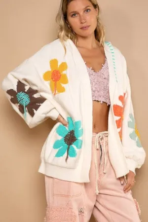 Ivory Floral Open Front Cardigan with Fringe