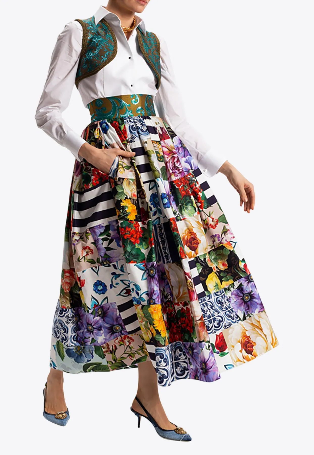 Jacquard Brocade Open Cropped Vest