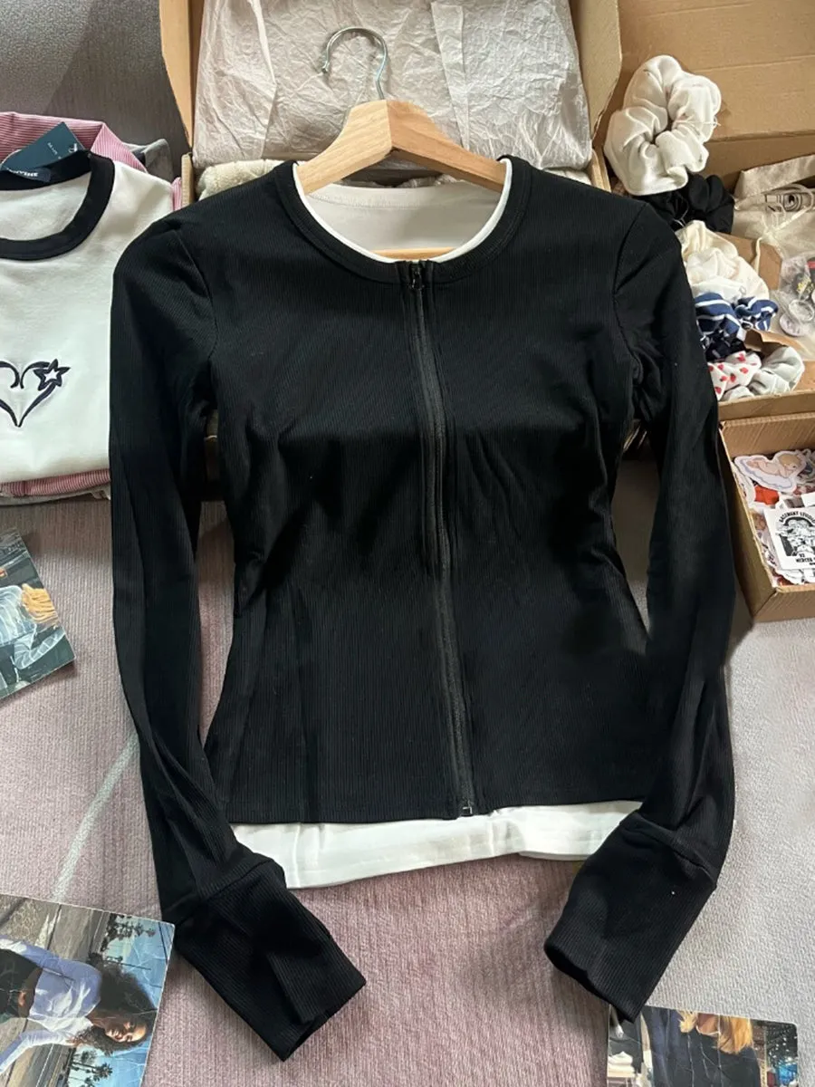 JazzHer Fake Two Pieces Patchwork Slim T-shirt Women Round Neck Zipper Cotton Long Sleeve Tee Shirts Sweet Vintage T-shirts Y2K Tops New