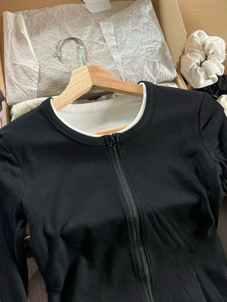 JazzHer Fake Two Pieces Patchwork Slim T-shirt Women Round Neck Zipper Cotton Long Sleeve Tee Shirts Sweet Vintage T-shirts Y2K Tops New