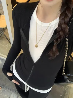 JazzHer Fake Two Pieces Patchwork Slim T-shirt Women Round Neck Zipper Cotton Long Sleeve Tee Shirts Sweet Vintage T-shirts Y2K Tops New