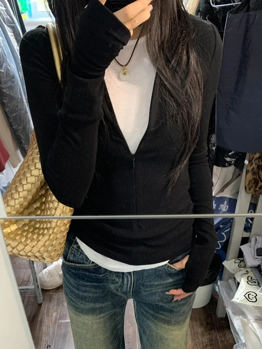 JazzHer Fake Two Pieces Patchwork Slim T-shirt Women Round Neck Zipper Cotton Long Sleeve Tee Shirts Sweet Vintage T-shirts Y2K Tops New