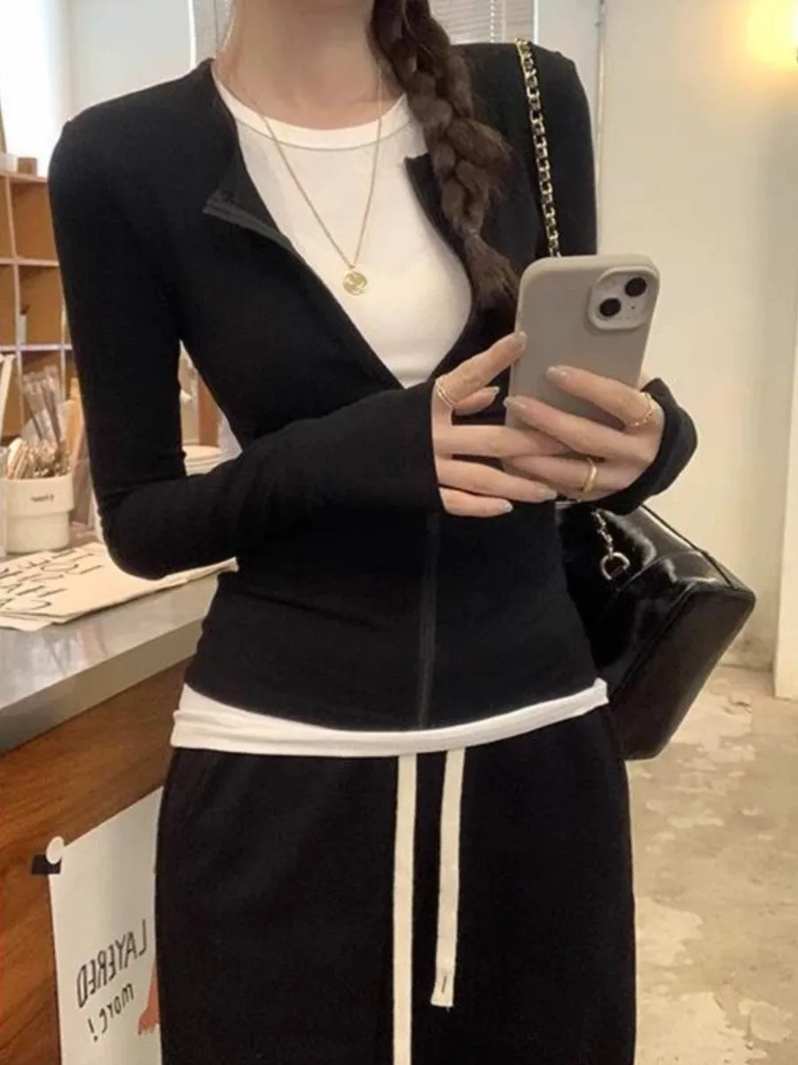 JazzHer Fake Two Pieces Patchwork Slim T-shirt Women Round Neck Zipper Cotton Long Sleeve Tee Shirts Sweet Vintage T-shirts Y2K Tops New