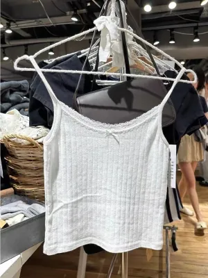JazzHer Lace Hollow Out Cotton Camis Women Summer Cotton Bow Fairycore Streetwear Simple White Sleeveless Vests Vintage Cute Tank Tops