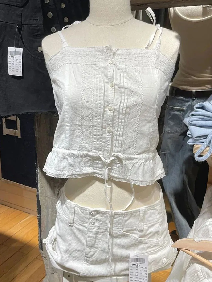 JazzHer White Simple Lace Trim Lace-up Tank Tops Women Summer New Single Breasted V-neck Slim Camisole Female Sweet Cotton Vest Y2k Tops