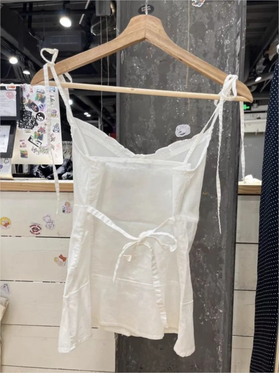 JazzHer White Simple Lace Trim Lace-up Tank Tops Women Summer New Single Breasted V-neck Slim Camisole Female Sweet Cotton Vest Y2k Tops
