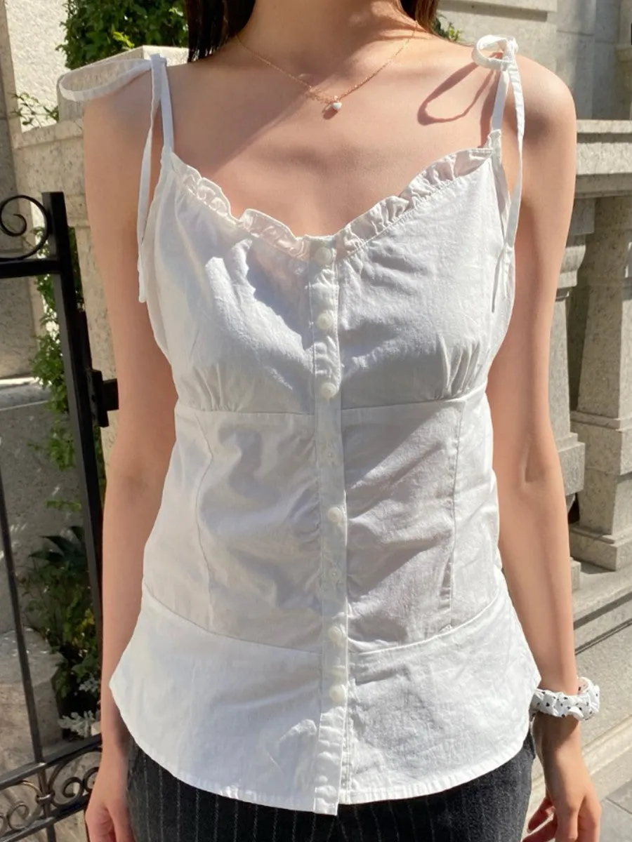 JazzHer White Simple Lace Trim Lace-up Tank Tops Women Summer New Single Breasted V-neck Slim Camisole Female Sweet Cotton Vest Y2k Tops