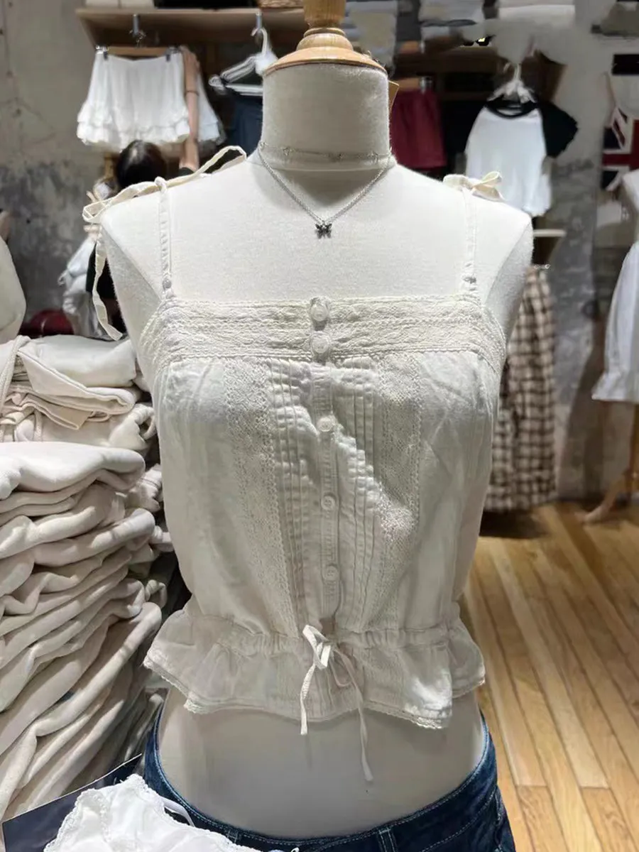 JazzHer White Simple Lace Trim Lace-up Tank Tops Women Summer New Single Breasted V-neck Slim Camisole Female Sweet Cotton Vest Y2k Tops