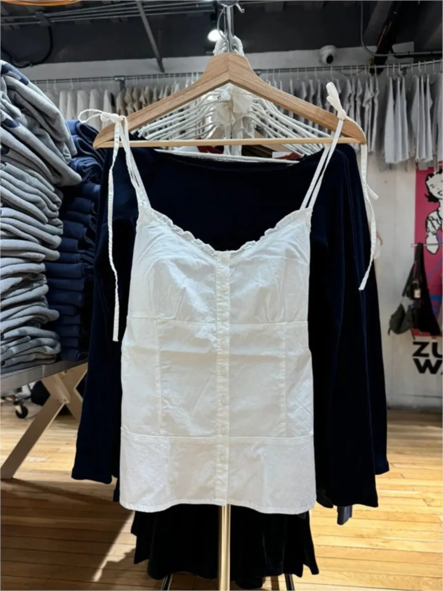 JazzHer White Simple Lace Trim Lace-up Tank Tops Women Summer New Single Breasted V-neck Slim Camisole Female Sweet Cotton Vest Y2k Tops