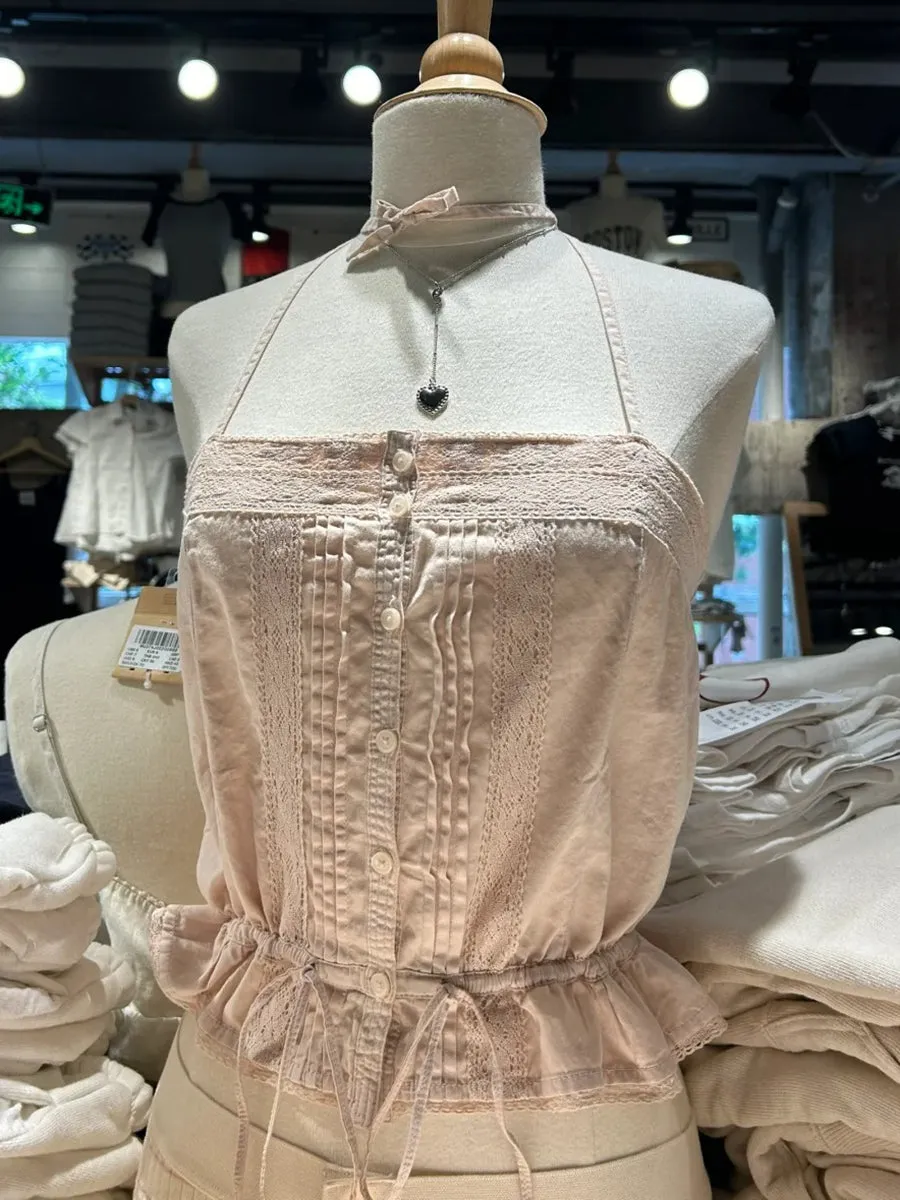 JazzHer White Simple Lace Trim Lace-up Tank Tops Women Summer New Single Breasted V-neck Slim Camisole Female Sweet Cotton Vest Y2k Tops