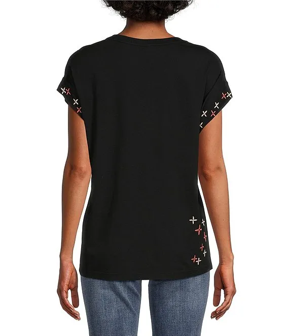 Johnny Was Ceretti Relaxed Tee Special Flower Black Floral Bird Cotton Shirt New
