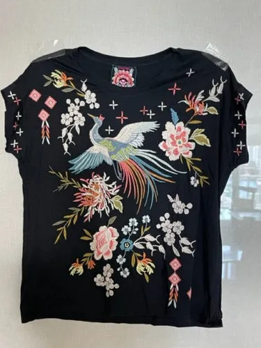 Johnny Was Ceretti Relaxed Tee Special Flower Black Floral Bird Cotton Shirt New