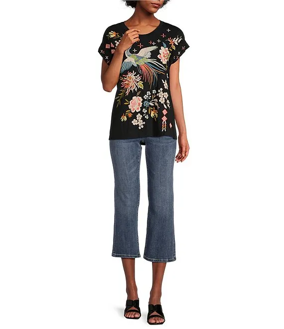 Johnny Was Ceretti Relaxed Tee Special Flower Black Floral Bird Cotton Shirt New