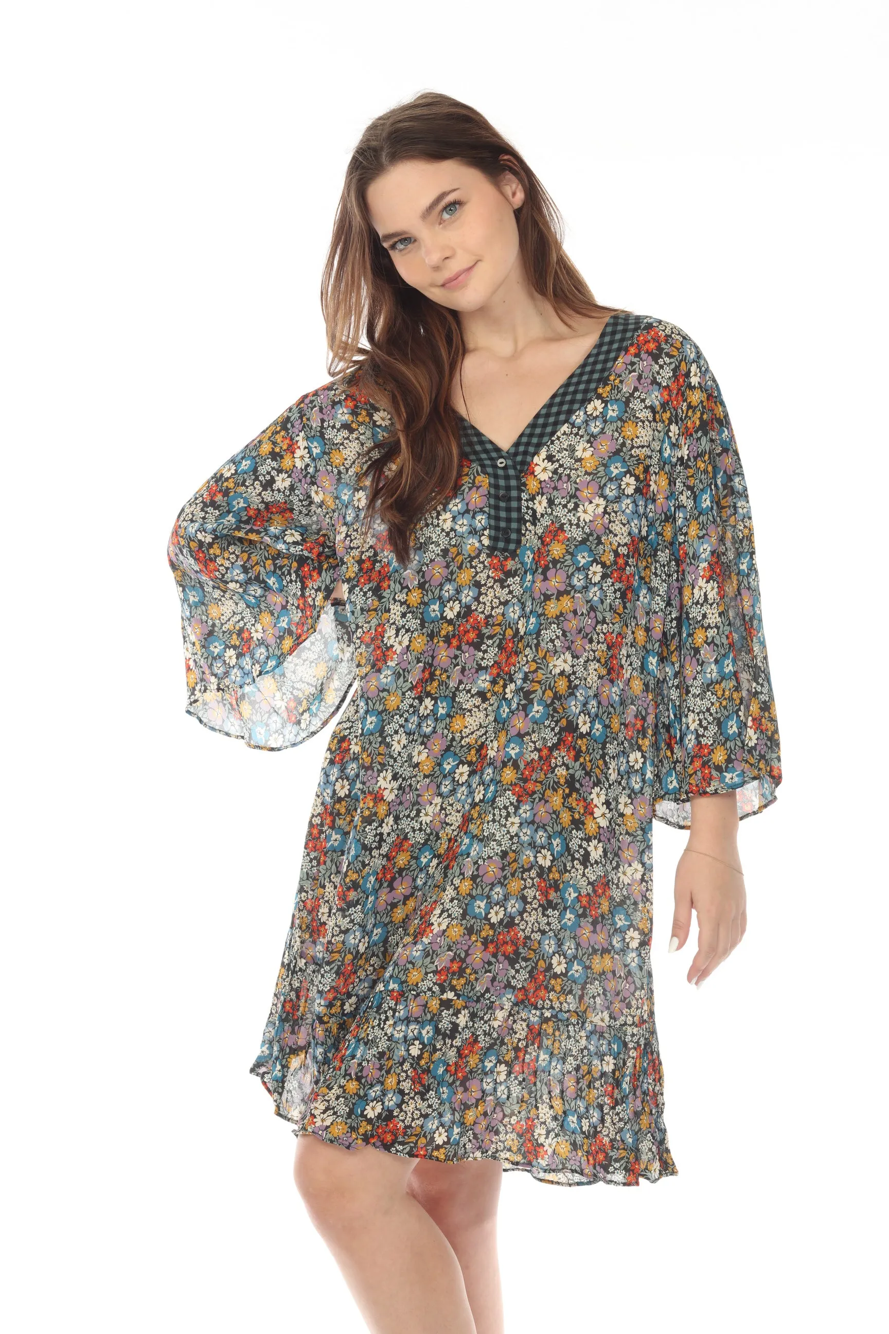 Johnny Was Love Divina Floral Wide Sleeve Tunic Dress Boho Chic L38821