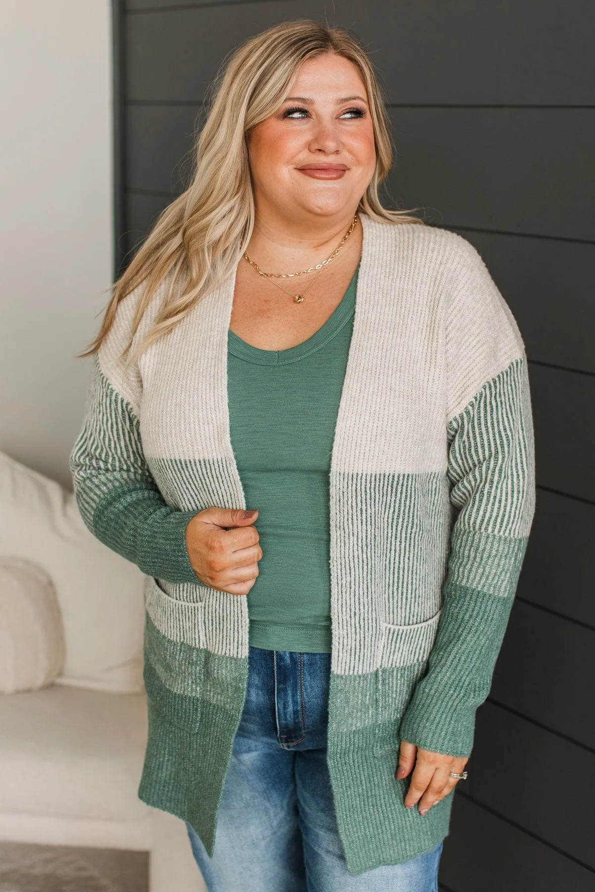 Just For Once Open Front Cardigan- Kale