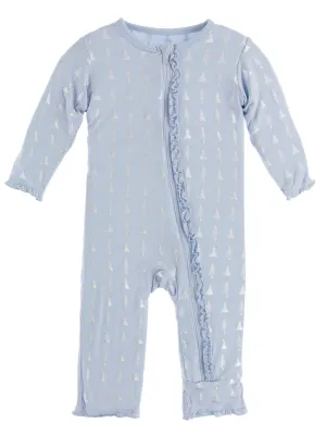 KicKee Pants Frost Silver Trees Muffin Ruffle Coverall with Zipper