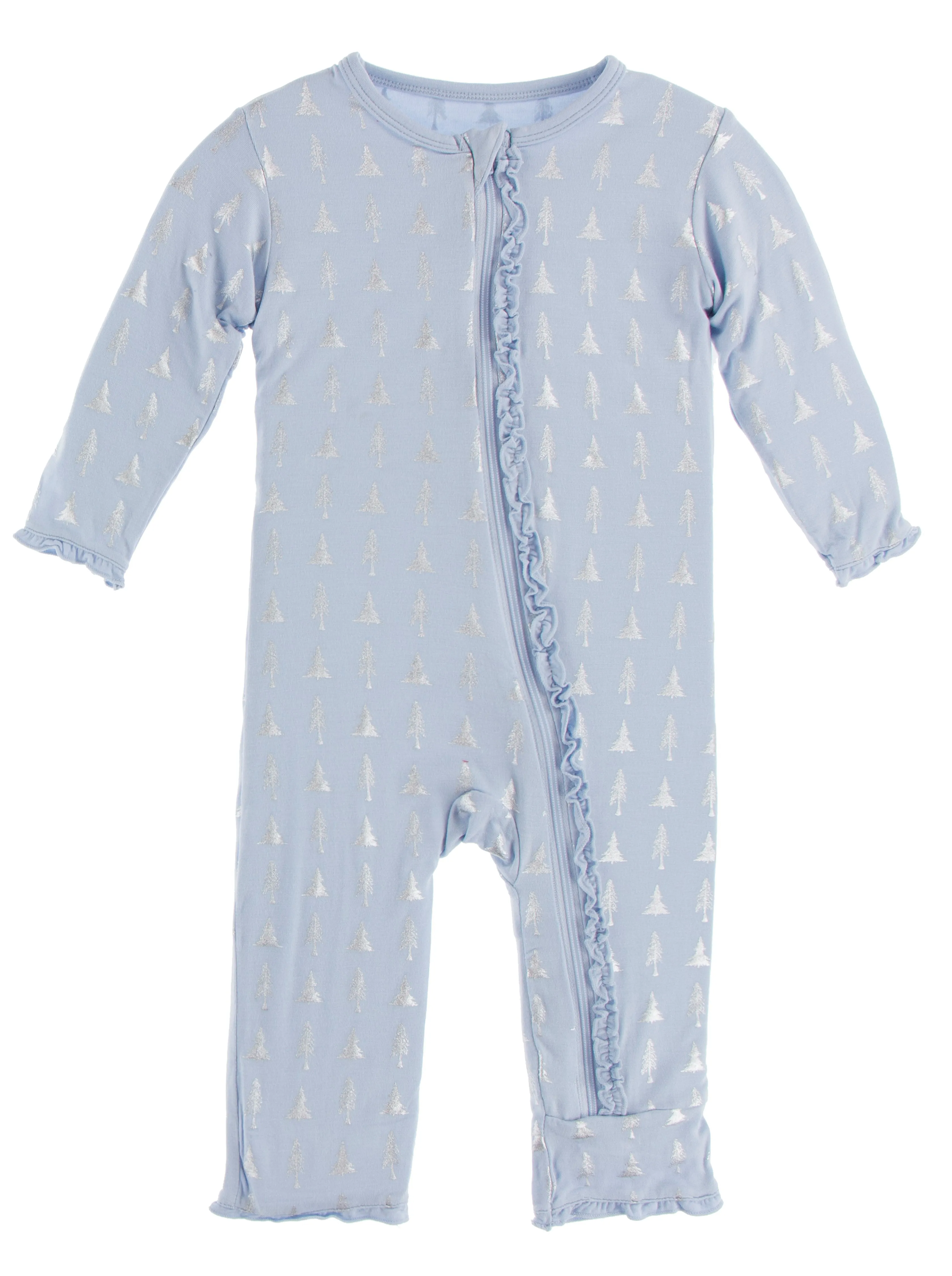 KicKee Pants Frost Silver Trees Muffin Ruffle Coverall with Zipper
