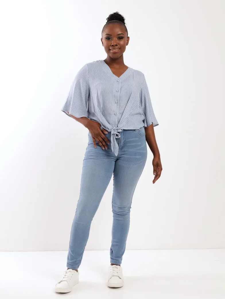 Ladies Button Through Tie-Front Batwing Blouse - Blue