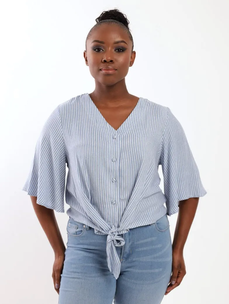 Ladies Button Through Tie-Front Batwing Blouse - Blue