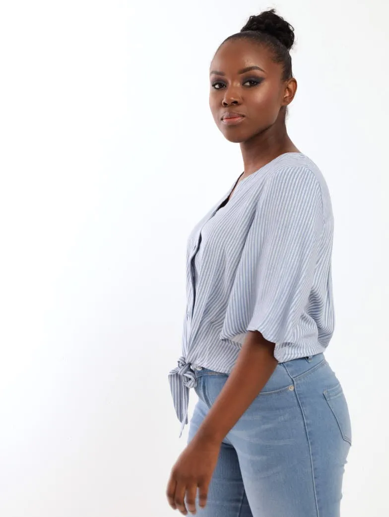 Ladies Button Through Tie-Front Batwing Blouse - Blue