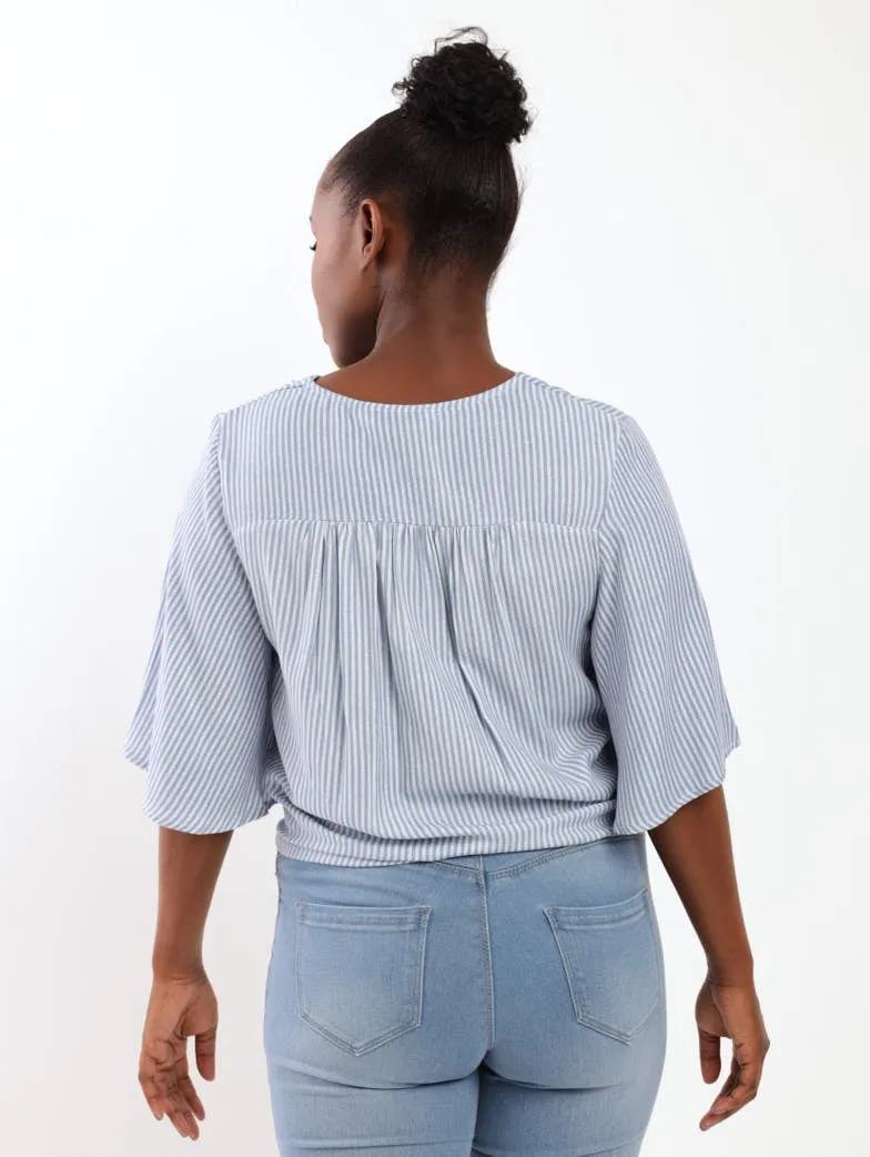 Ladies Button Through Tie-Front Batwing Blouse - Blue