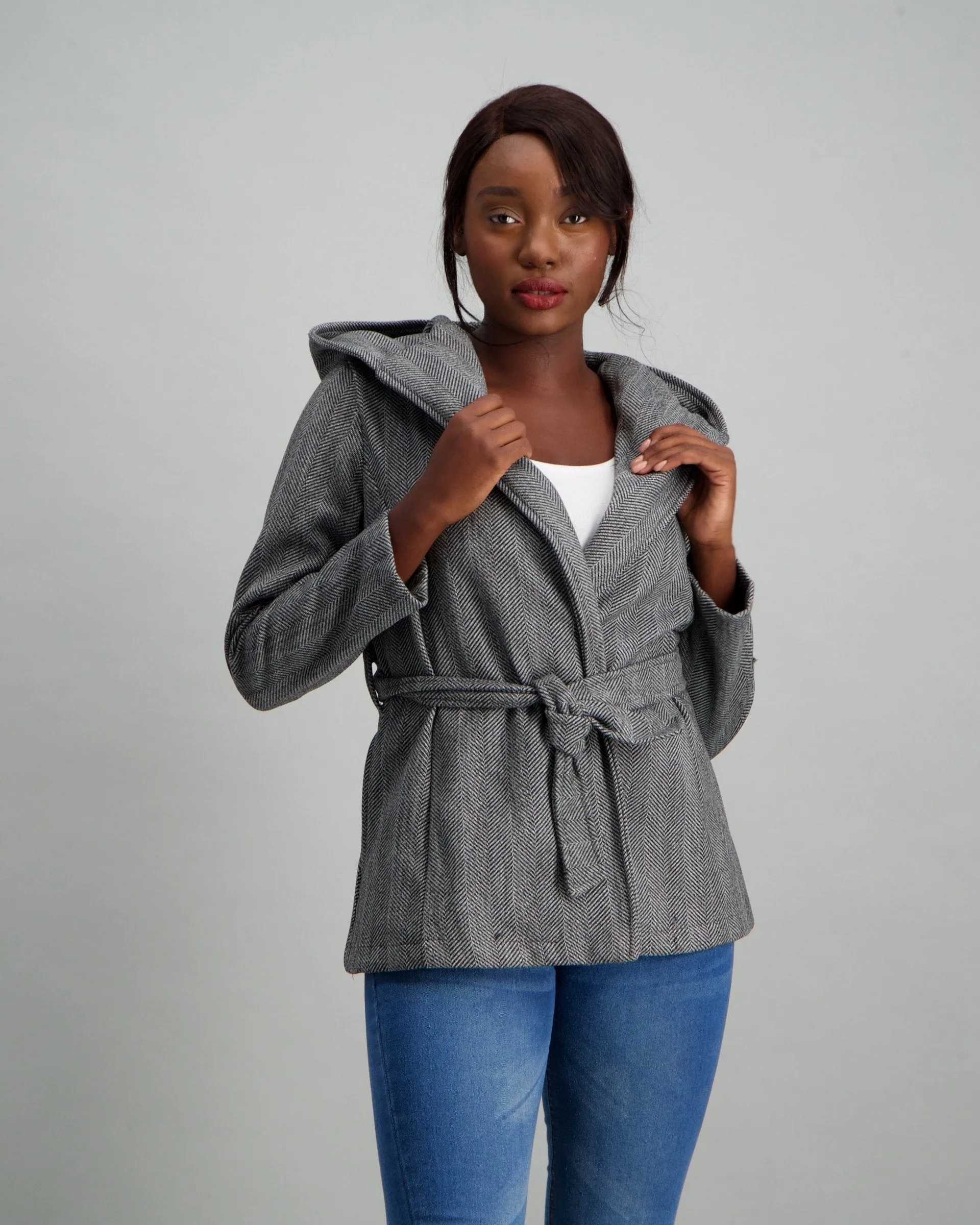 Ladies Herringbone Hooded Coat - Charcoal Melange
