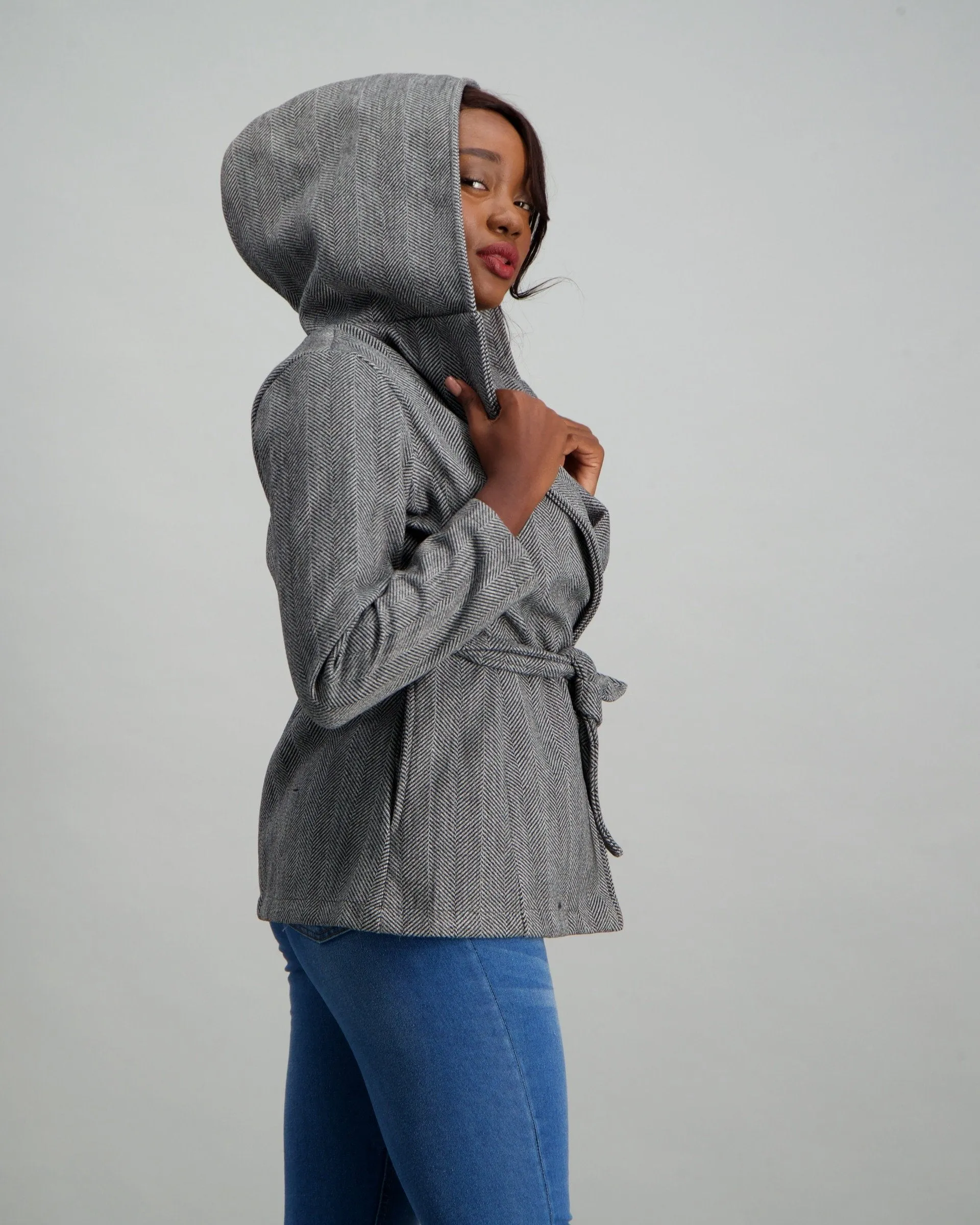 Ladies Herringbone Hooded Coat - Charcoal Melange