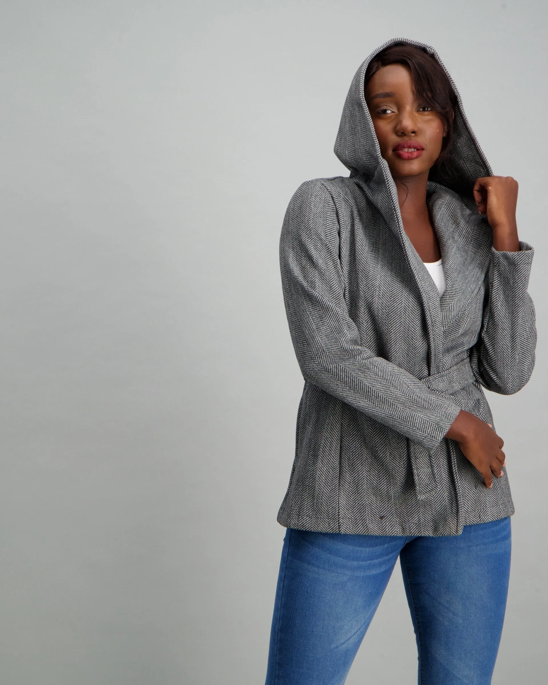 Ladies Herringbone Hooded Coat - Charcoal Melange