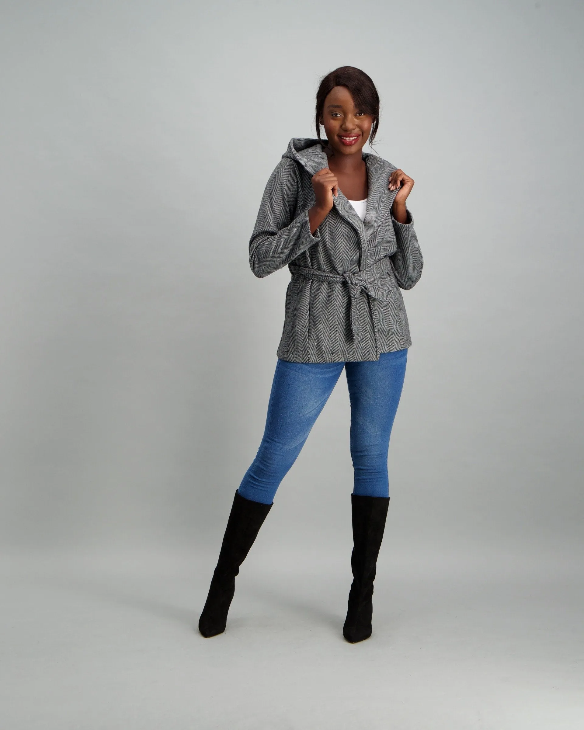 Ladies Herringbone Hooded Coat - Charcoal Melange