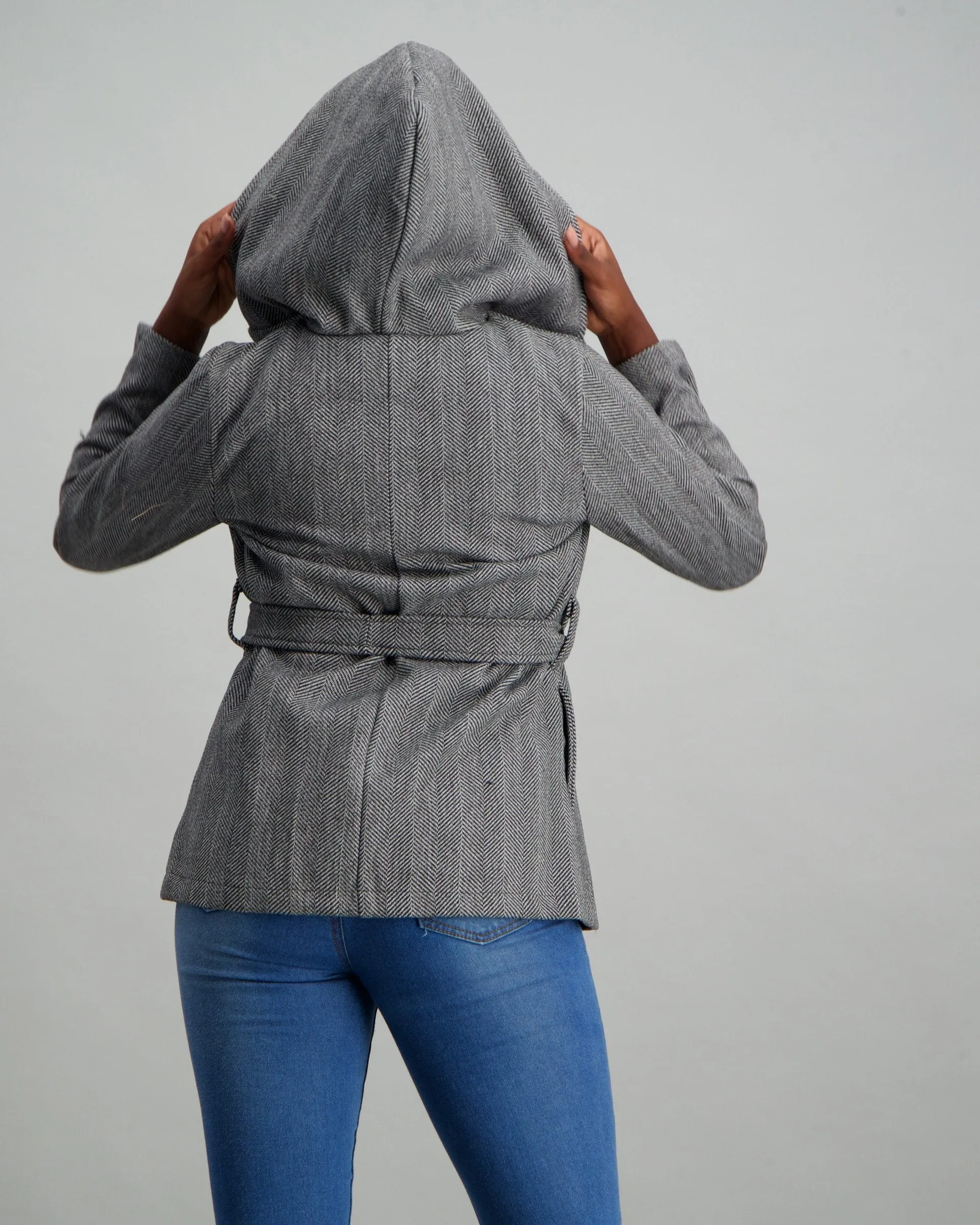 Ladies Herringbone Hooded Coat - Charcoal Melange