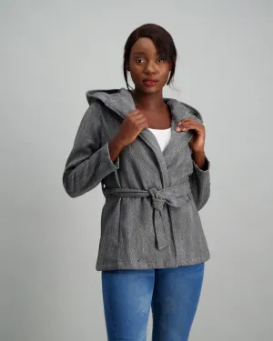 Ladies Herringbone Hooded Coat - Charcoal Melange