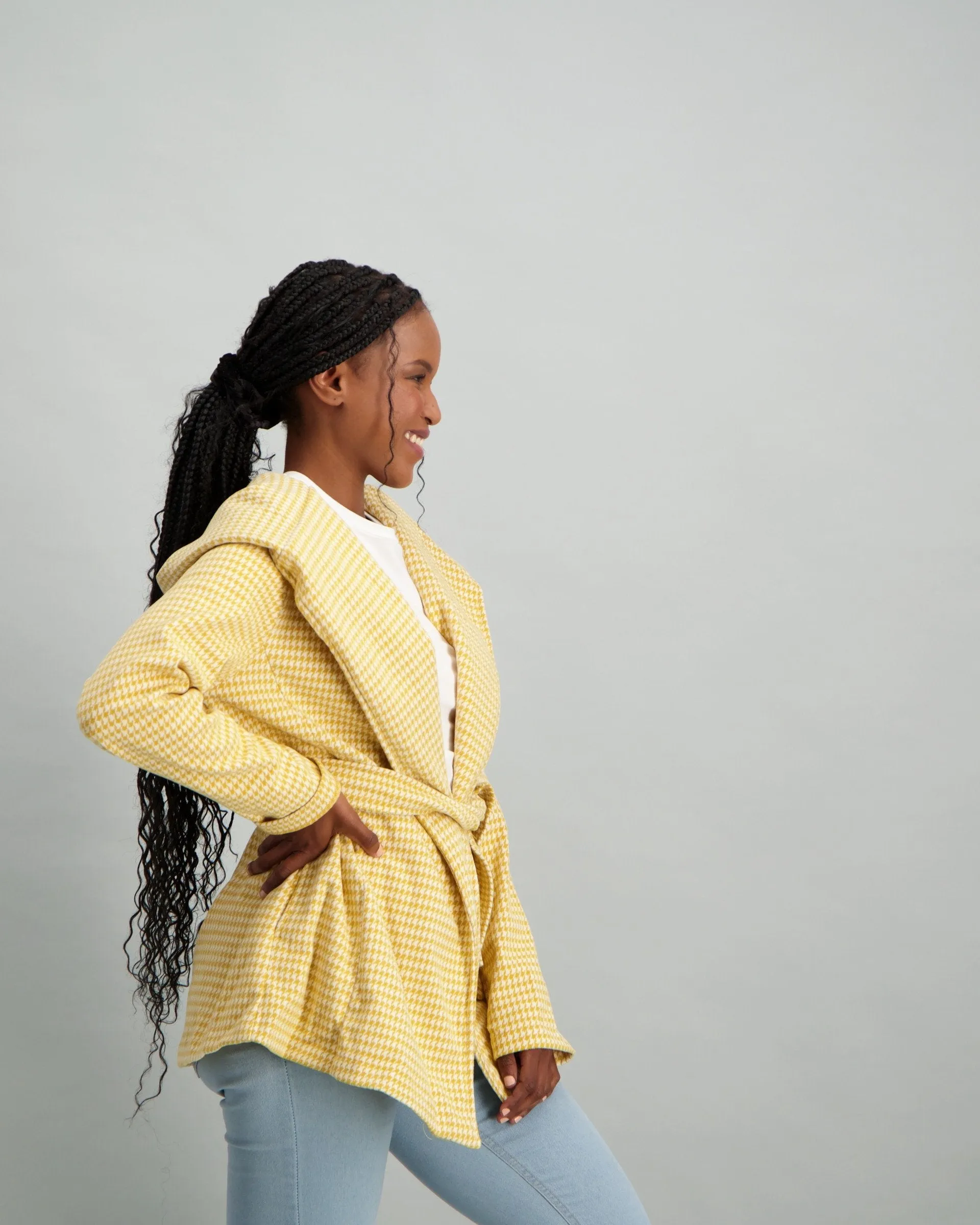 Ladies Herringbone Hooded Coat - Mustard