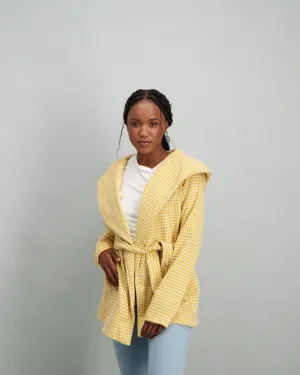 Ladies Herringbone Hooded Coat - Mustard
