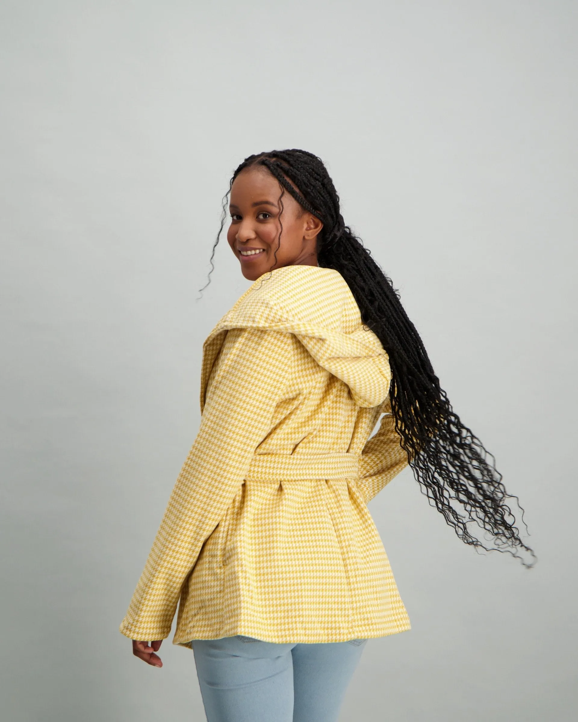 Ladies Herringbone Hooded Coat - Mustard