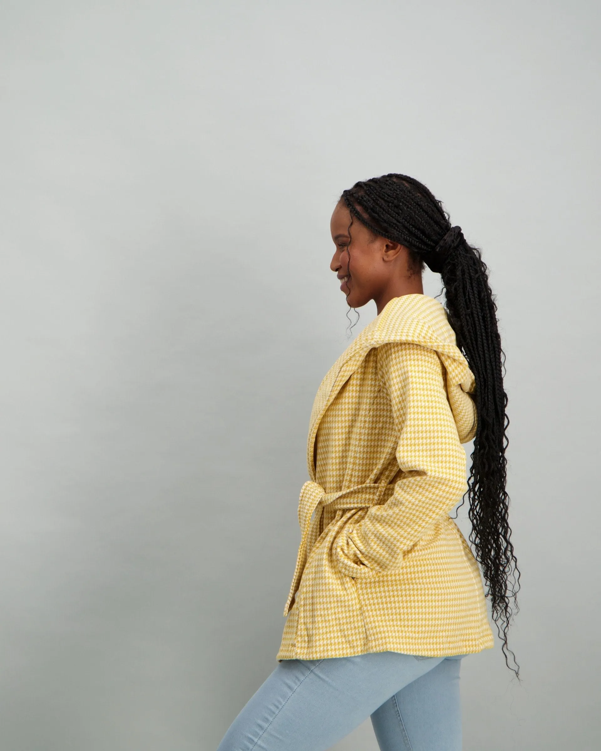 Ladies Herringbone Hooded Coat - Mustard