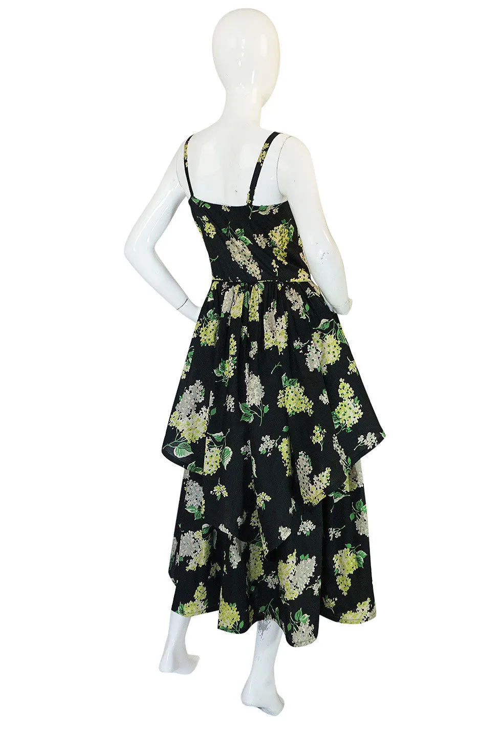 Late 1940s Sequin & Floral Print Cotton Voile Tiered Skirt Dress