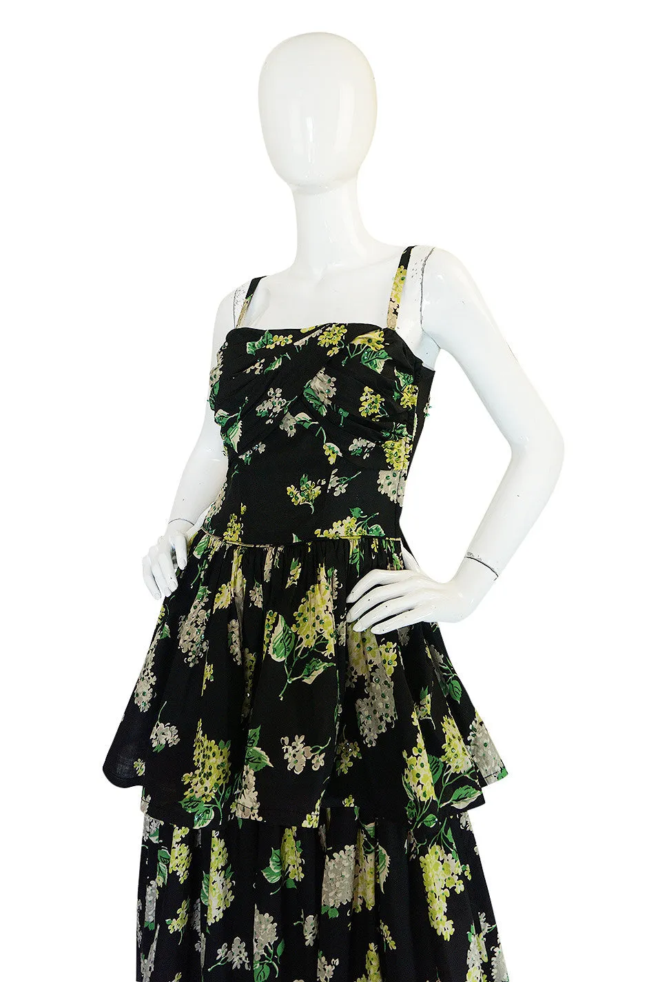 Late 1940s Sequin & Floral Print Cotton Voile Tiered Skirt Dress