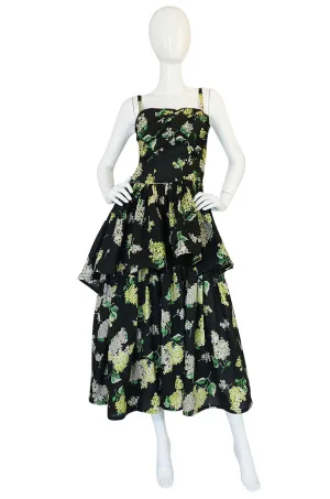 Late 1940s Sequin & Floral Print Cotton Voile Tiered Skirt Dress