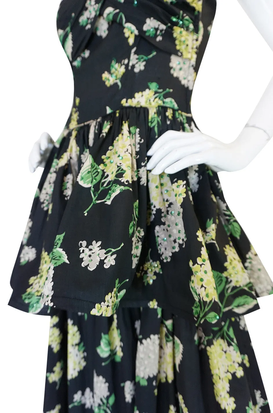 Late 1940s Sequin & Floral Print Cotton Voile Tiered Skirt Dress