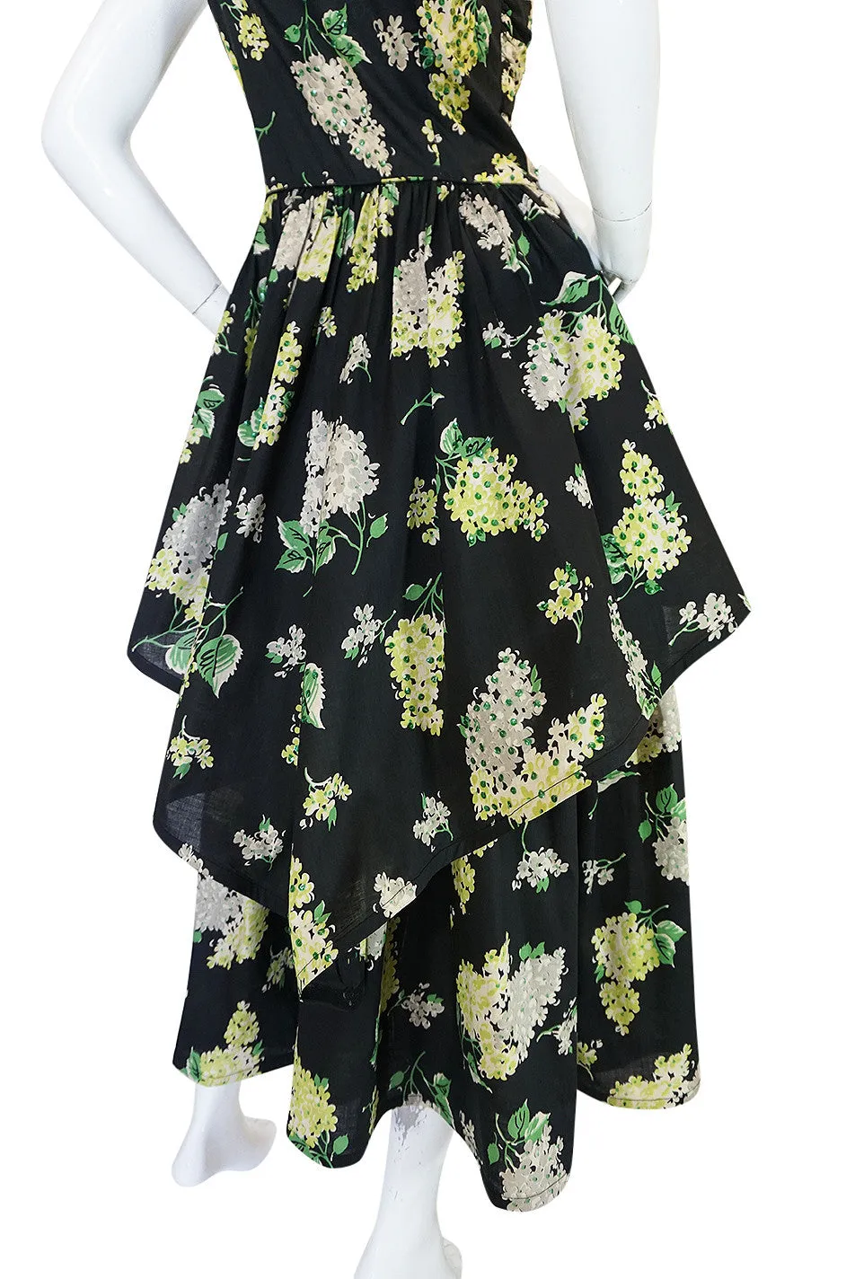 Late 1940s Sequin & Floral Print Cotton Voile Tiered Skirt Dress