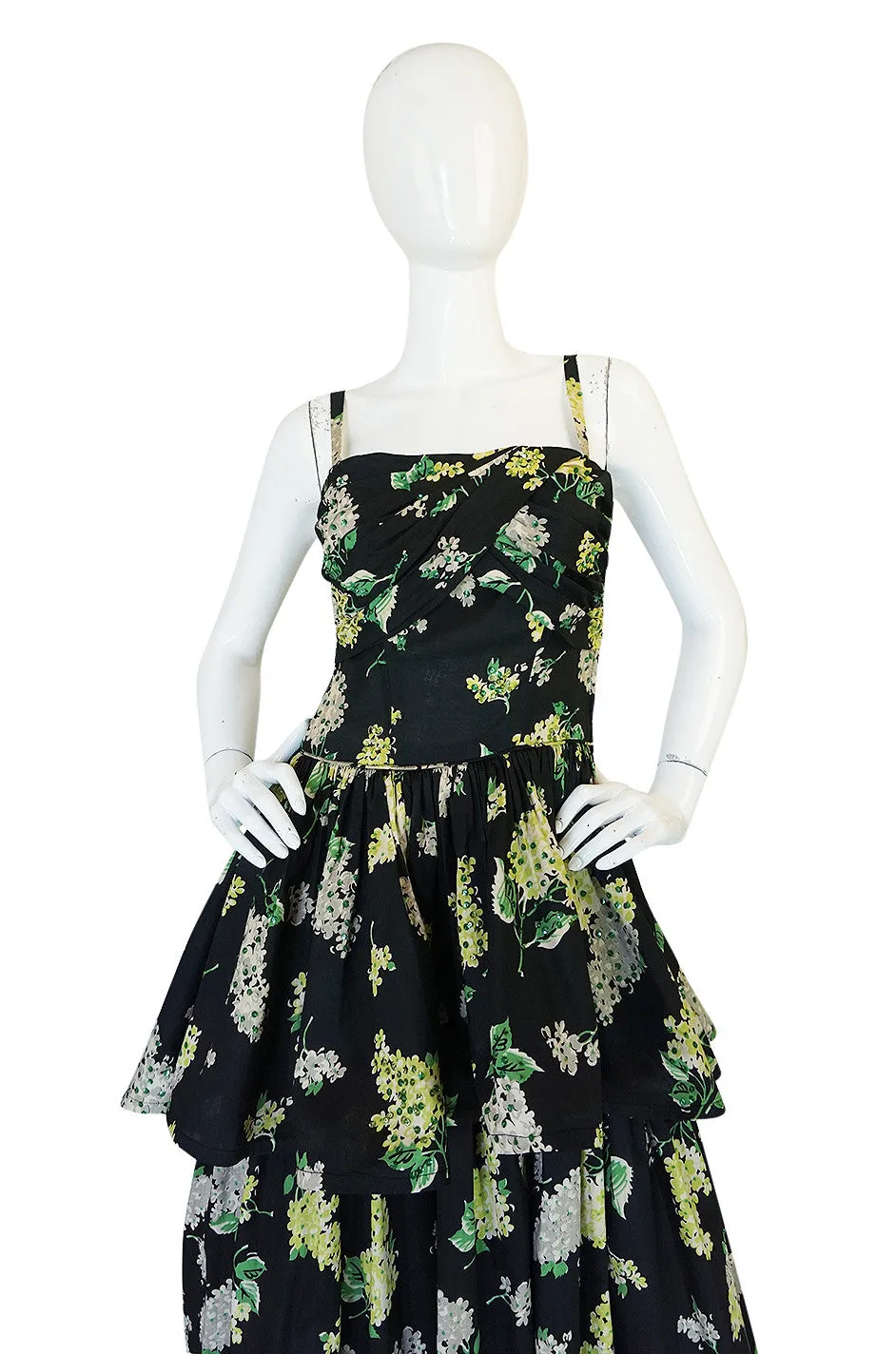 Late 1940s Sequin & Floral Print Cotton Voile Tiered Skirt Dress