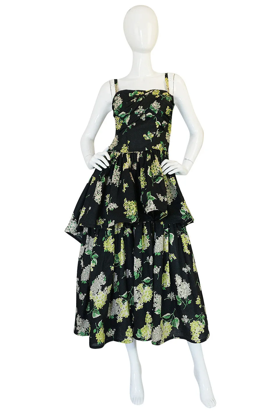 Late 1940s Sequin & Floral Print Cotton Voile Tiered Skirt Dress