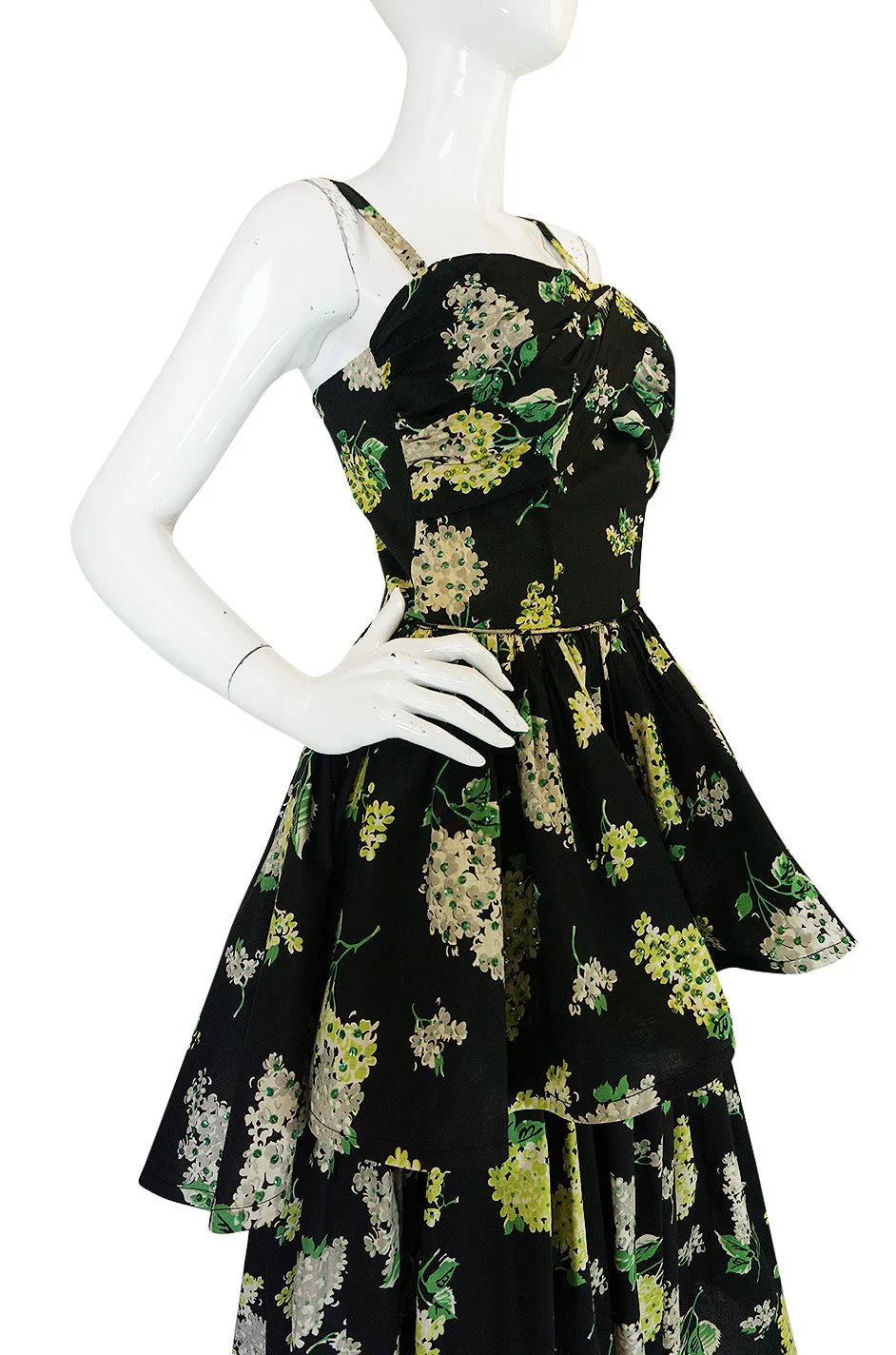 Late 1940s Sequin & Floral Print Cotton Voile Tiered Skirt Dress