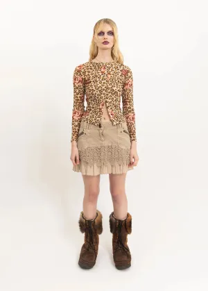Leopard/ rose print button front mesh top