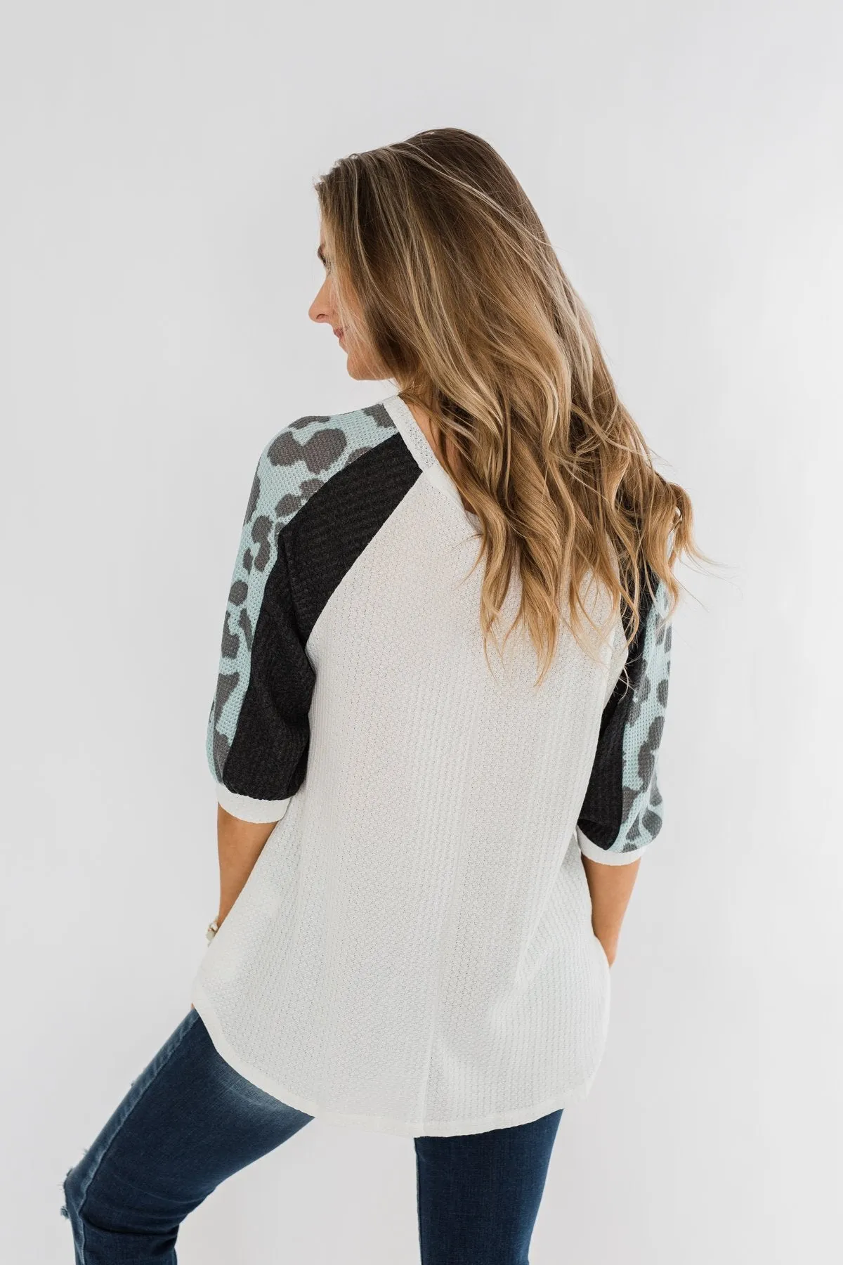Leopard Sleeve Waffle Notch Top- Ivory, Charcoal, Blue
