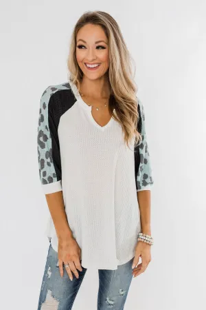 Leopard Sleeve Waffle Notch Top- Ivory, Charcoal, Blue